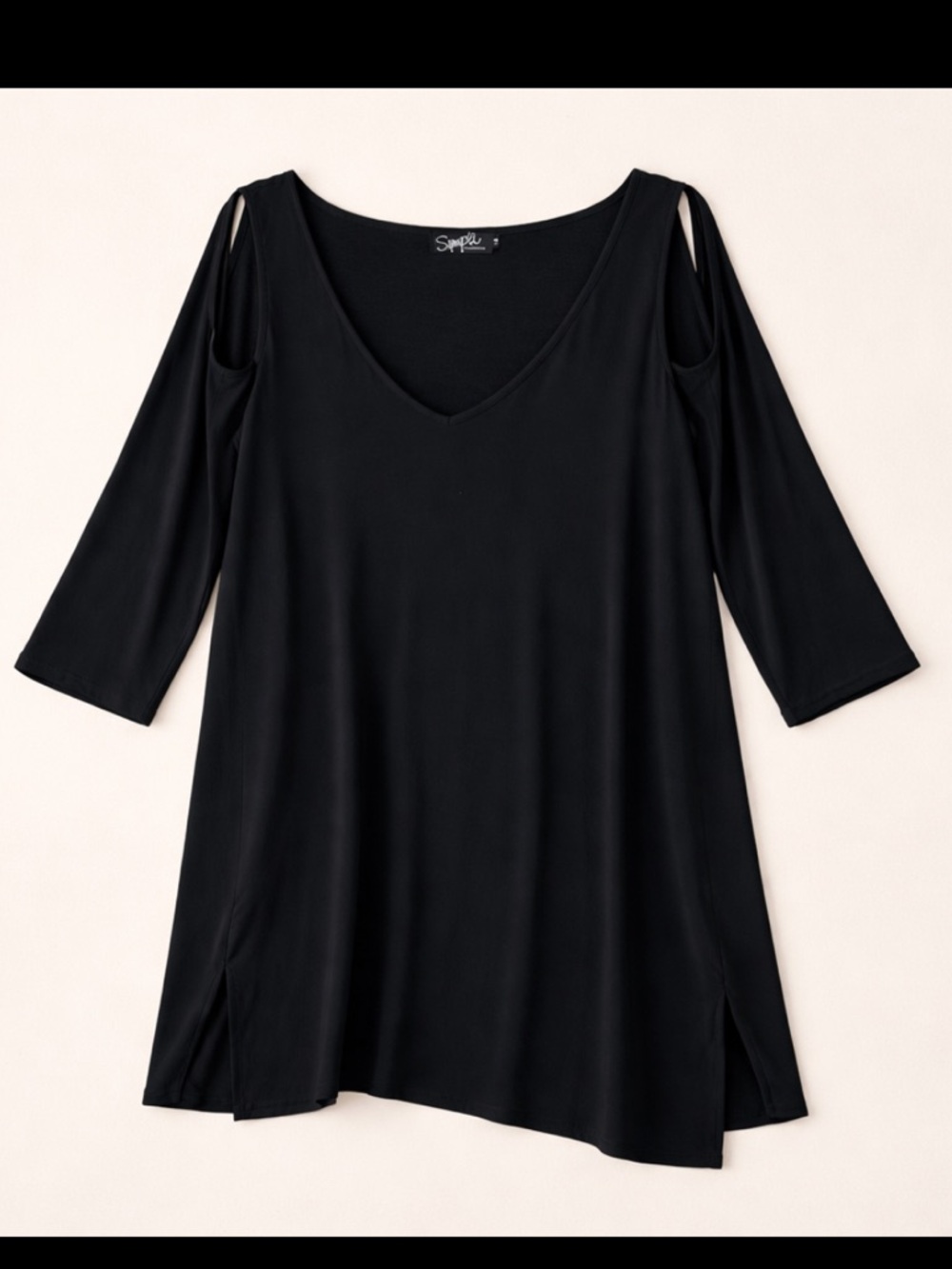Sympli Cold Shoulder Tunic Woman 18 Black V-Neck 3/4 Sleeve Split Hem Minimalist